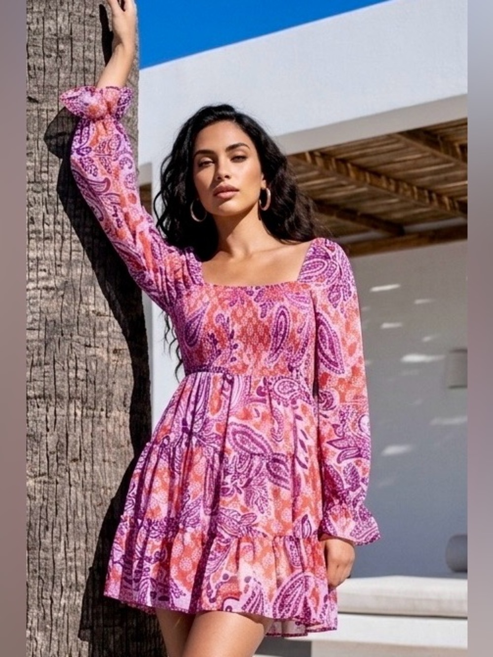 NWT Patrons of Peace Red Orange & Purple Boho Mini Dress w/Bell Sleeves XS